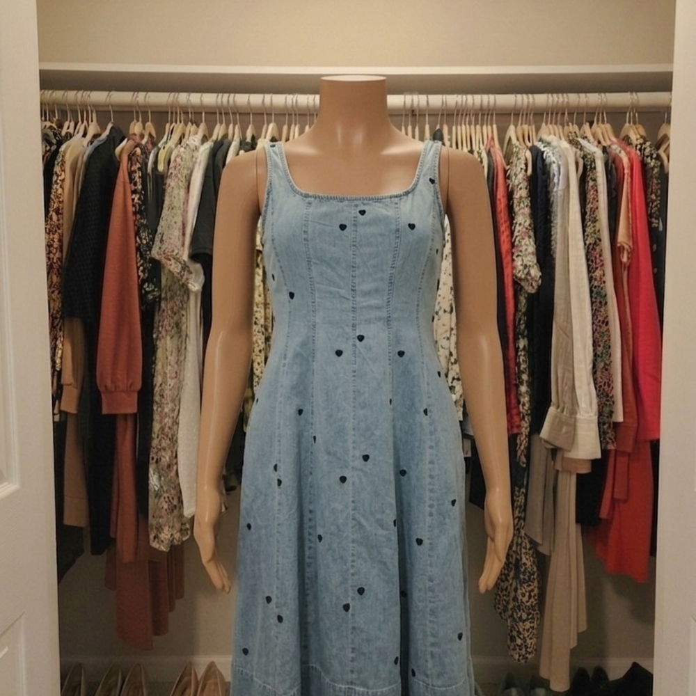 Light Wash Denim Dress with Heart Print